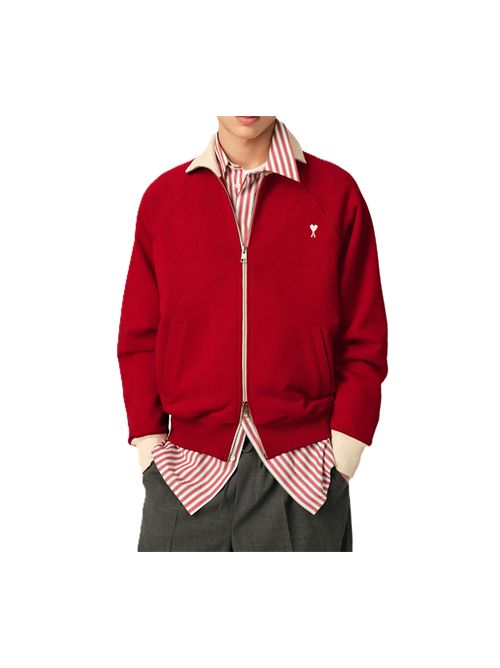 Jacket in loopback light fleece contrasted details. Ami Paris | USW796.JE0245A202RUBYRED/IVORY